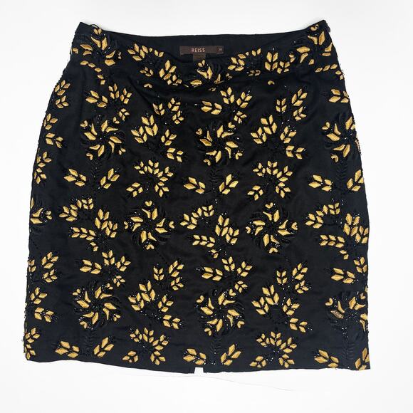 Reiss Opera Black Beaded Gold Leaf Floral Embroidered Mini Pencil Skirt 10 - Picture 1 of 13